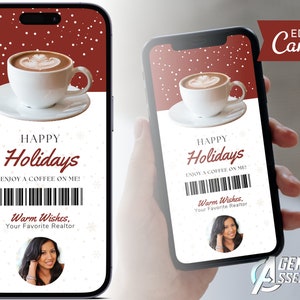 Cartão de presente de feriado textável, Pegue um café comigo, Marketing imobiliário, Agricultura imobiliária, Cartão de Natal do corretor de imóveis | DOWNLOAD INSTANTÂNEO DO CANVA