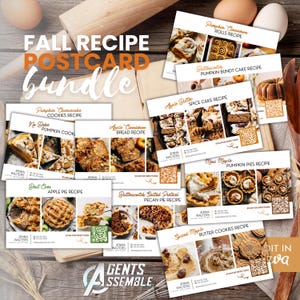 May include: A collection of fall recipe postcards featuring images of baked goods like pumpkin pie, apple pie, and cinnamon rolls. The postcards include recipes for cookies, bread, and cakes. The text "FALL RECIPE POSTCARD BUNDLE" is displayed at the top.