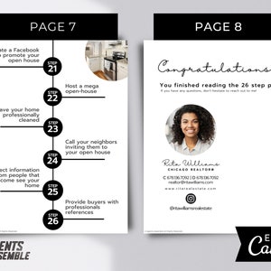May include: A black and white infographic with the text "PAGE 7" and "PAGE 8". The infographic outlines 26 steps to host a successful open house. The infographic includes a photo of a kitchen and a photo of a woman. The infographic also includes the text "Congratulations! You finished reading the 26 step plan!" and "Rita Williams CHICAGO REALTOR&reg;".
