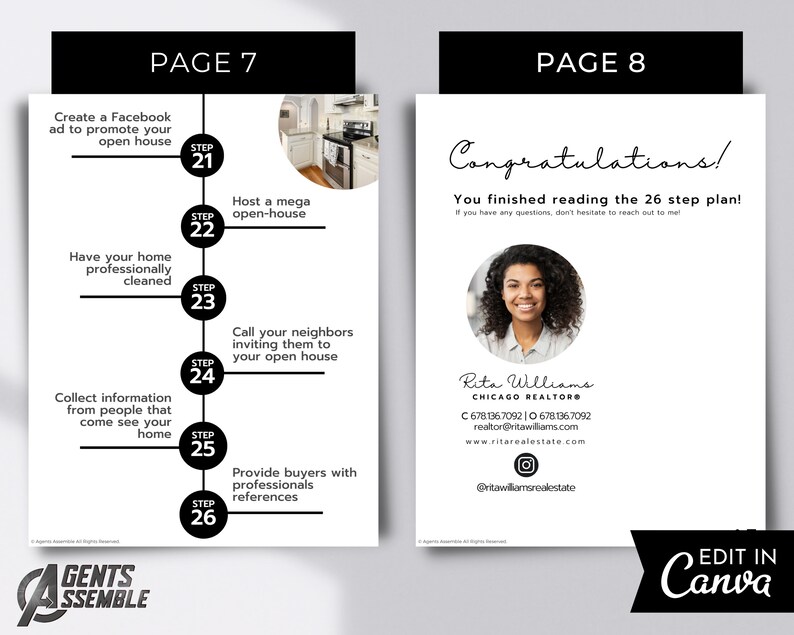 May include: A black and white infographic with the text "PAGE 7" and "PAGE 8". The infographic outlines 26 steps to host a successful open house. The infographic includes a photo of a kitchen and a photo of a woman. The infographic also includes the text "Congratulations! You finished reading the 26 step plan!" and "Rita Williams CHICAGO REALTOR&reg;".