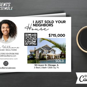 Carte postale de ferme immobilière, Je viens de vendre la maison de vos voisins, Carte de fermier d'agent immobilier, Modèle modifiable pour agent immobilier, D2 | TÉLÉCHARGEMENT CANVA INSTANTANÉ
