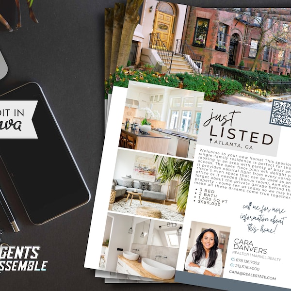 Real Estate Marketing Flyer Template, Just Listed Flyer, Home Feature Sheet, House For Sale, Printable Flyer | INSTANT CANVA DOWNLOAD