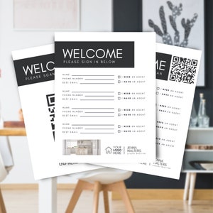 May include: A welcome sign with a black and white design. The sign has a QR code and a section for visitors to sign in. The text on the sign reads "Welcome, Please Sign In Below".