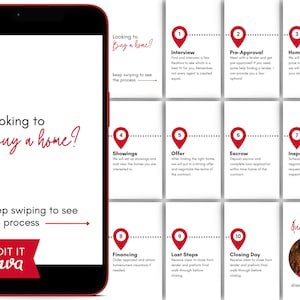 May include: A red and white infographic on a smartphone screen outlines the steps involved in buying a home. The steps include interview, pre-approval, home search, showings, offer, escrow, inspections, financing, last steps, and closing day. The infographic also includes the text "Looking to Buy a home?" and "Keep swiping to see the process."