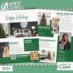 May include: A green and white illustrated holiday card with the text "GENTS ASSEMBLE" and "Happy Holidays" in a festive font. The card features a holiday bucket list, a market update, a holiday movie recommendations list, home maintenance tips for December, and a local spotlight on Wonderland Cafe in Los Angeles, California. The card also includes a QR code for a gingerbread cookie recipe.