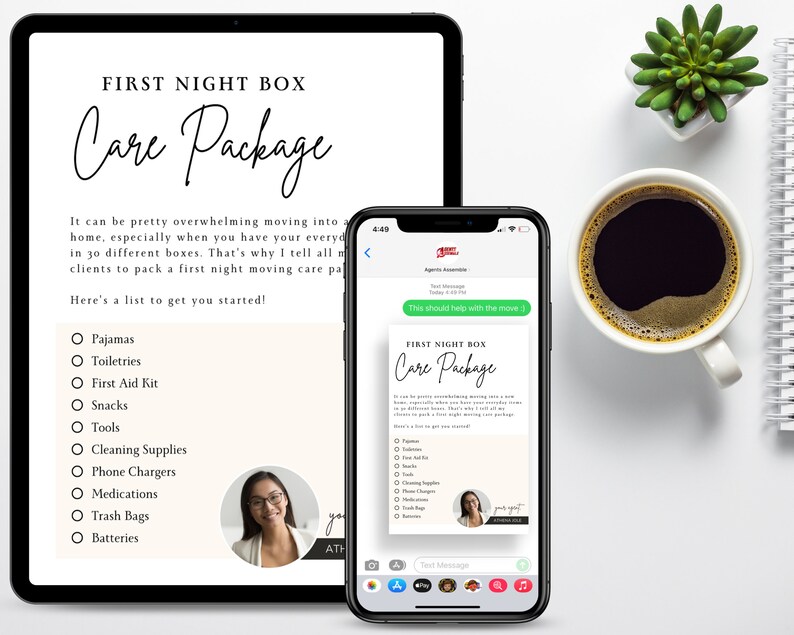 May include: A digital checklist on a tablet and phone screen titled "First Night Box Care Package" with a list of items to pack for a new home, including pajamas, toiletries, first aid kit, snacks, tools, cleaning supplies, phone chargers, medications, trash bags, and batteries.
