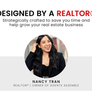 May include: A woman with long dark hair smiles at the camera. She is wearing a black blazer and a black top. The text "DESIGNED BY A REALTOR&reg;" is above her and the text "NANCY TRAN REALTOR&reg; | OWNER OF AGENTS ASSEMBLE" is below her.