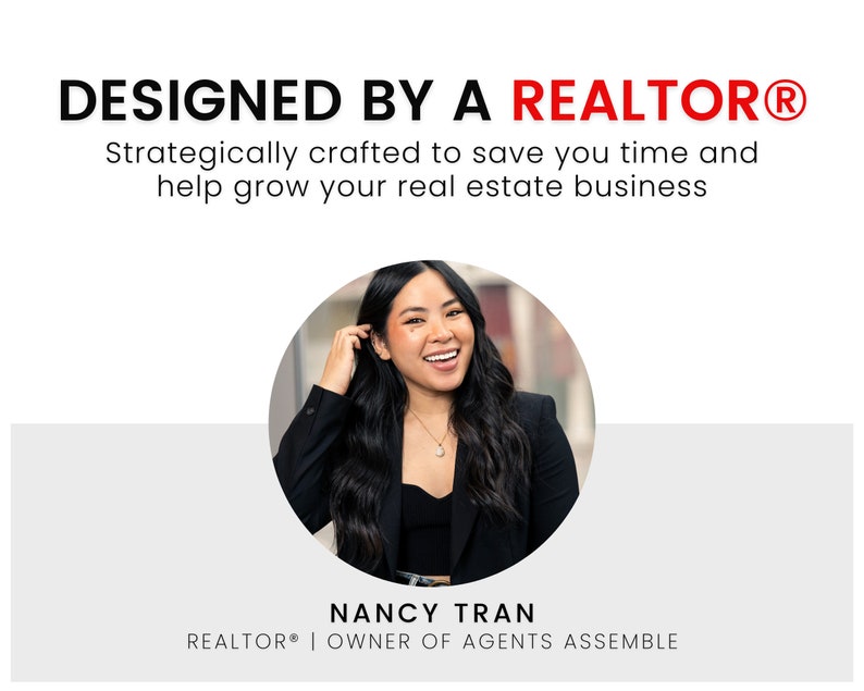 May include: A woman with long dark hair smiles at the camera. She is wearing a black blazer and a black top. The text "DESIGNED BY A REALTOR&reg;" is above her and the text "NANCY TRAN REALTOR&reg; | OWNER OF AGENTS ASSEMBLE" is below her.