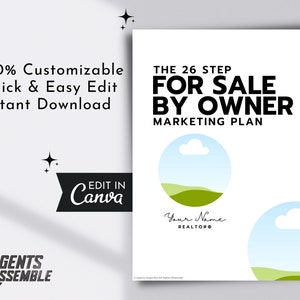 May include: A white printable marketing plan template for selling a house by owner. The template features a green and blue landscape illustration with the text "The 26 Step For Sale By Owner Marketing Plan".