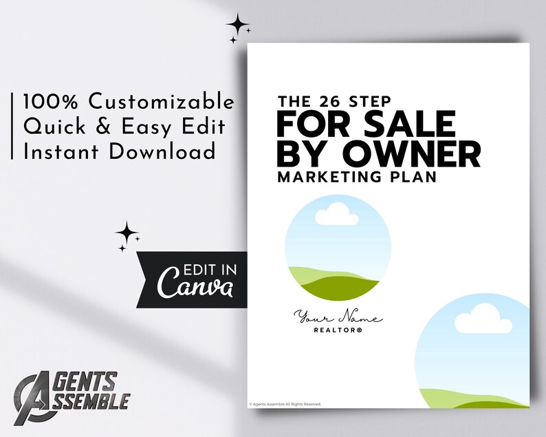 May include: A white printable marketing plan template for selling a house by owner. The template features a green and blue landscape illustration with the text "The 26 Step For Sale By Owner Marketing Plan".