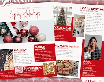 Plantilla de boletín inmobiliario "Diciembre Rojo" para agentes inmobiliarios. Marketing mensual de agentes. Diseño editable de Canva v8.