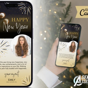 Mensagem de texto imobiliário de feliz ano novo, cartão de férias do cliente textável, marketing imobiliário, imóveis de ano novo | DOWNLOAD INSTANTÂNEO DO CANVA