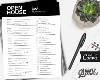 Black Keller Williams Open House Sign-In Sheet Real Estate Agent Template Editable Canva Open House Sheet Instant Download