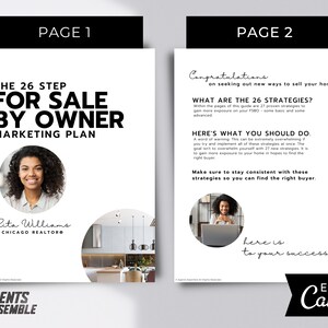 May include: A two-page marketing plan for selling a home by owner. The first page features a woman with a warm smile and the text "The 26 Step For Sale By Owner Marketing Plan". The second page features a woman on a laptop and the text "Congratulations on seeking out new ways to sell your home! What are the 26 Strategies? Here's what you should do. Make sure to stay consistent with these strategies so you can find the right buyer."