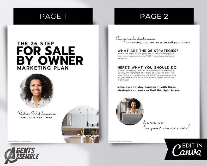 May include: A two-page marketing plan for selling a home by owner. The first page features a woman with a warm smile and the text "The 26 Step For Sale By Owner Marketing Plan". The second page features a woman on a laptop and the text "Congratulations on seeking out new ways to sell your home! What are the 26 Strategies? Here's what you should do. Make sure to stay consistent with these strategies so you can find the right buyer."