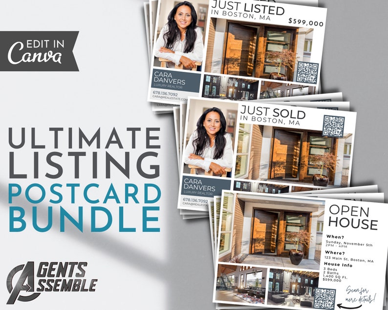 Op de afbeelding: Een set van vier vastgoedpostkaarten met een vrouwelijke makelaar en foto's van een huis. De postkaarten zijn ontworpen voor gebruik door een makelaar voor marketingdoeleinden. De tekst op de postkaarten luidt "Just Listed", "Just Sold" en "Open House".