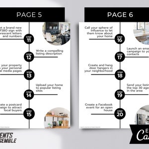May include: A black and white infographic with the title "Page 5" and "Page 6" on a white background. The infographic lists steps for selling a home, including getting a brand new FSBO sign, posting on social media, writing a compelling listing description, uploading to popular listing sites, creating a postcard campaign, calling your sphere of influence, launching an email campaign, creating door hangers, sending your listing to agents, and creating a Facebook event for an open house.