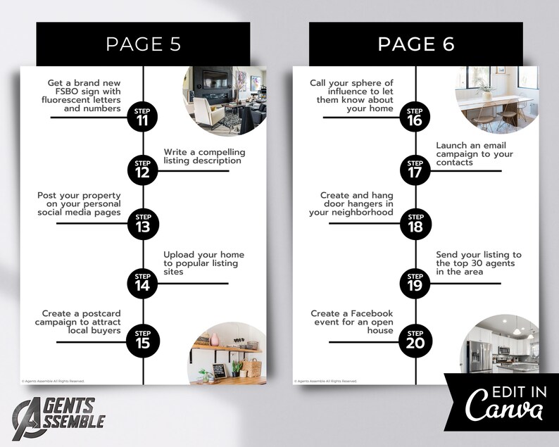 May include: A black and white infographic with the title "Page 5" and "Page 6" on a white background. The infographic lists steps for selling a home, including getting a brand new FSBO sign, posting on social media, writing a compelling listing description, uploading to popular listing sites, creating a postcard campaign, calling your sphere of influence, launching an email campaign, creating door hangers, sending your listing to agents, and creating a Facebook event for an open house.