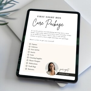May include: A checklist on a tablet screen titled "First Night Box Care Package" with a list of items to pack for a first night in a new home. The list includes pajamas, toiletries, a first aid kit, snacks, tools, cleaning supplies, phone chargers, medications, trash bags, and batteries. The bottom of the screen shows a photo of a woman with the text "your agent. ATHENA JOLE"