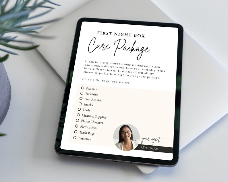 May include: A checklist on a tablet screen titled "First Night Box Care Package" with a list of items to pack for a first night in a new home. The list includes pajamas, toiletries, a first aid kit, snacks, tools, cleaning supplies, phone chargers, medications, trash bags, and batteries. The bottom of the screen shows a photo of a woman with the text "your agent. ATHENA JOLE"