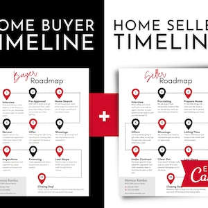 May include: A side-by-side graphic with a black and white background. The left side is titled "Home Buyer Timeline" and features a "Buyer Roadmap" with steps. The right side is titled "Home Seller Timeline" with a "Seller Roadmap". Both roadmaps have numbered steps.