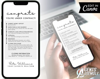 May include: A smartphone screen displaying a checklist for a real estate transaction. The checklist includes items such as earnest money deposit, inspections, due diligence, loan application process, appraisal, insurance, and closing disclosure. The text "congrats you're under contract!" is at the top of the screen. The bottom of the screen displays the name "Rita Williams, your favorite realtor".