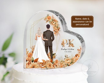 Personalized Bride And Groom Cake Topper Acrylic Plaque, Boho Wedding Cake Topper, Heart Acrylic Plaque, Personalize Bride Groom Figurine