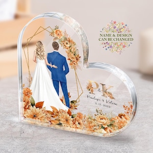 Personalized Bride And Groom Cake Topper Acrylic Plaque, Boho Wedding Cake Topper, Heart Acrylic Plaque, Personalize Bride Groom Figurine