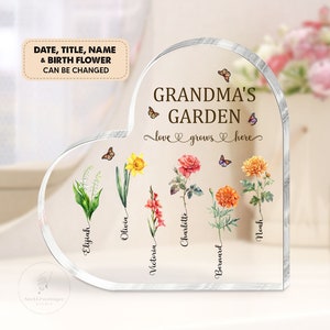 Personalized Grandma Garden Acrylic Heart Plaque, Mother Day Gift For Grandma, Grandma Garden Love Grows From Grandkids, Birth Month Flower