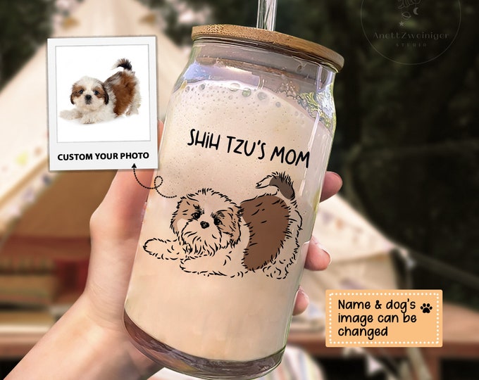 FREE DRAWING FILE | Custom Dog Mom Portrait Coffee Glass Cup, Custom Pet Photo Glass Tumbler, Dog Mom Mug, Dog Portrait Glass, For Dog Lover