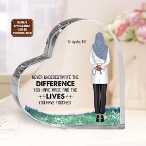 Placa acrílica con forma de corazón de agradecimiento personalizada para médico musulmán, regalo para médico musulmán, regalo personalizado para médico para mujeres, regalo de jubilación para médico