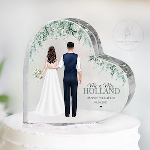 パーソナライズされた花嫁花婿ハートアクリルプレート、ウェディングケーキトッパー、花嫁花婿ケーキトッパー、イスラム教徒のウェディングギフト、カップルのウェディング記念品