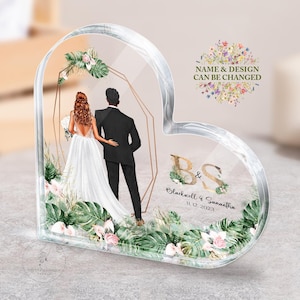 Personalized Tropical Bride And Groom Cake Topper Acrylic Plaque, Couple Wedding Cake Topper, Heart Acrylic Plaque, Tropical Wedding Decor