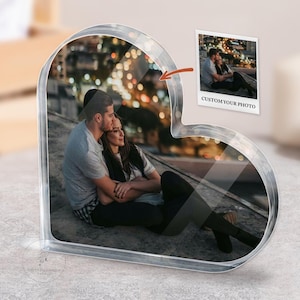 Placa de acrílico con foto personalizada en forma de corazón, foto de pareja, impresión familiar con foto personalizada, marco de fotos de acrílico, placa de regalo familiar, regalo de aniversario
