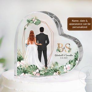 Personalized Tropical Bride And Groom Cake Topper Acrylic Plaque, Couple Wedding Cake Topper, Heart Acrylic Plaque, Tropical Wedding Decor