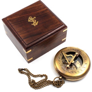 Brass Sundial Compass, Antiquelook Steampunk Sundial Watch\Wooden Box nautical Home décor gift maritime instrument hiking Replica of Vintage