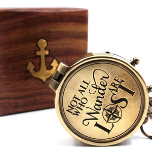 NOT All WHO Antiquelook Engraved Brass Compass| Wooden Case Son\Mom\Children\Baptism\Birthday\Easter\Décor nautical gift maritime instrument