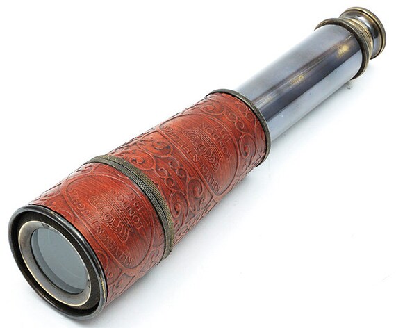 Telescopio de mano de diseño antiguo, con caja de madera, óptica náutica pirata, catalejo, telescopio recubierto de cuero con caja grabada con ancla Telescopio de mano de diseño antiguo, con caja de madera, óptica náutica pirata, catalejo, telescopio recubierto de cuero con caja grabada con ancla