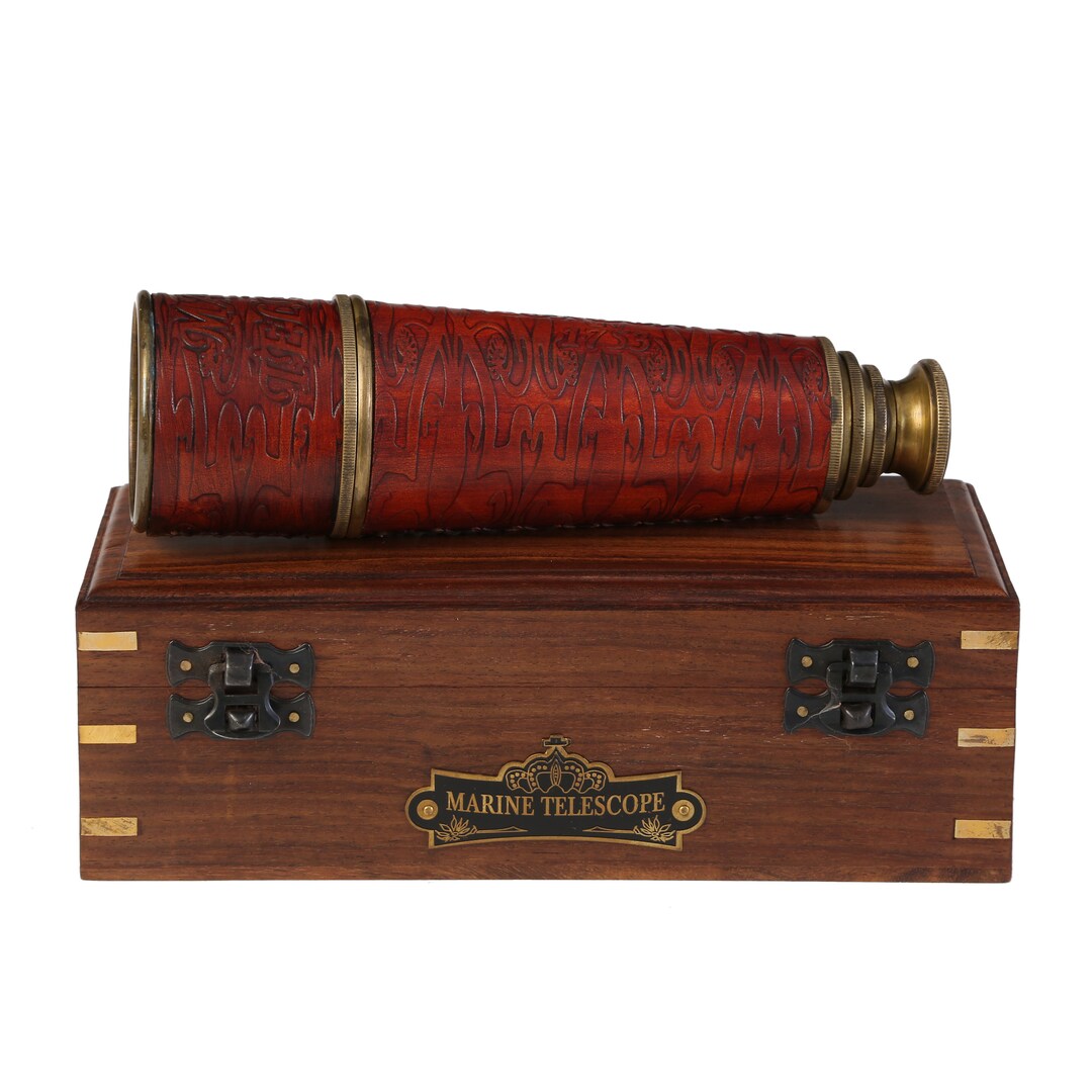 Brass Nautical Telescope Replica With Wooden Box - 15 Inch Extendable Spyglass With Glass Optics