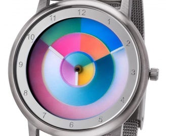 Avantgardia Hurry - Orologio da polso unisex d'artista con cambio di colore secondo la teoria dei colori CMYK, cassa in acciaio inossidabile, resistente all'acqua fino a 5 bar.