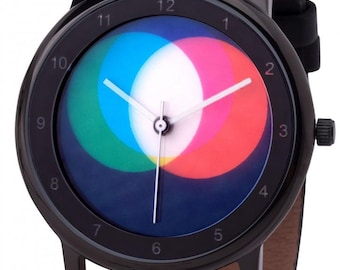 Avantgardia RGB - Unisex Artist Wristwatch, RGB represented by inverted CMYK color theory - Stainless steel case, 5 bar water resistant, black