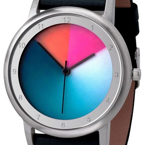 May include: A silver wristwatch with a black leather strap. The watch face has a gradient blue, white, pink, and orange design with black hour and minute hands. The numbers 1 through 12 are printed around the edge of the watch face.