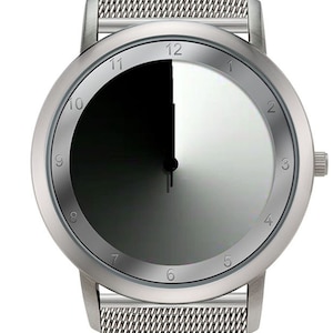 May include: A silver watch with a black and white gradient face and a silver mesh strap.
