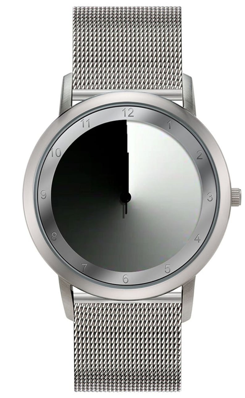 May include: A silver watch with a black and white gradient face and a silver mesh strap.