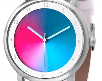 Avantgardia gamma Rainbow Watch Unisex Artist Wristwatch with CMYK Color Theory - Stainless Steel Case with White Strap