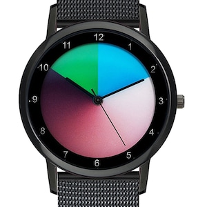 May include: A black wristwatch with a black mesh strap. The watch face has a circular design with a gradient of colours, including green, blue, pink, and white. The numbers 1 through 12 are displayed around the edge of the watch face.