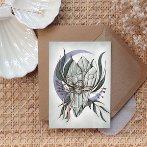 Edelstein Mond Kräuter Schleife Boho Vintage Witchy Modern Postcard Card Postkarte Illustration Handmade Recyclingpapier Nachhaltig