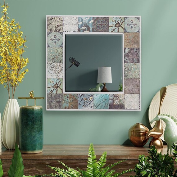 Aqua Ceramic Carrelage Miroir Cadre En Bois Carrelage Bleu Etsy France