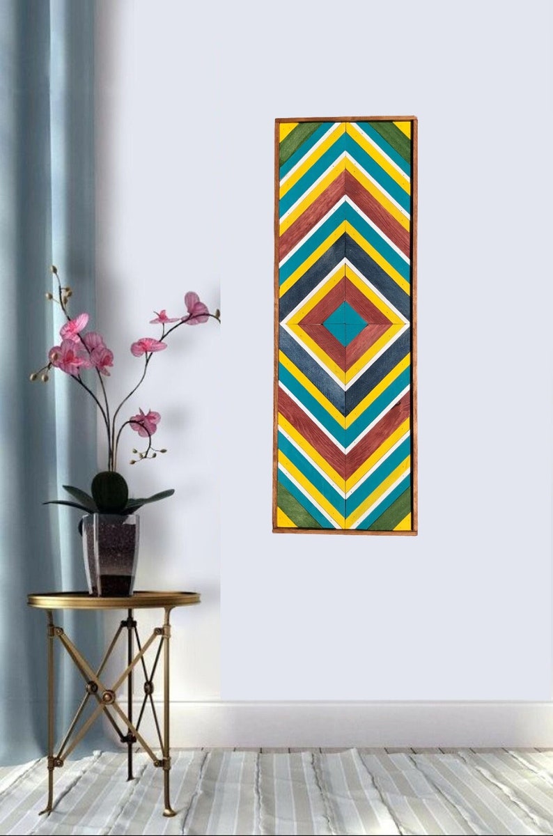 Long Narrow Wood Wall Art Rainbow Geometric Color Palette Wall Etsy