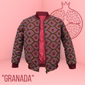 May include: A reversible bomber jacket with a vibrant pattern of red, pink, and yellow geometric shapes. The jacket has a burgundy collar, cuffs, and lining. The word "GRANADA" is displayed at the bottom of the image.